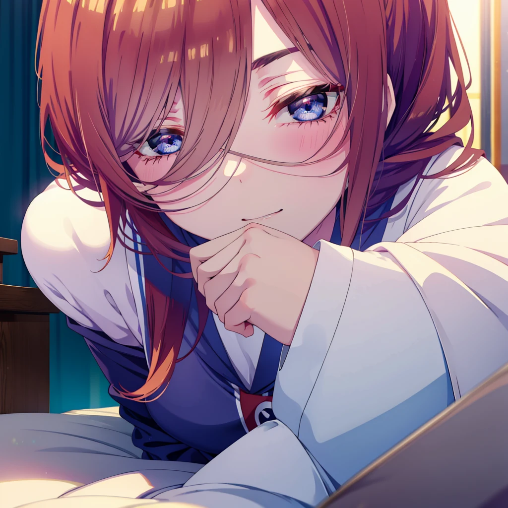 Mikunakano, miku nakano, Long Hair, bangs, blue eyes, Brown Hair, shirt, Hair between the eyes,smile,Open your mouth, Messy Hair,オーバサイズtshirt,One Shoulder,Black string underwear,barefoot,Sitting on the bed,sleepy,Squinting,morning,morning陽,The sun is rising,Building district,whole bodyがイラストに入るように,
break indoors, Bedroom,
break looking at viewer, whole body,
break (masterpiece:1.2), Highest quality, High resolution, unity 8k wallpaper, (figure:0.8), (Beautiful attention to detail:1.6), Highly detailed face, Perfect lighting, Highly detailed CG, (Perfect hands, Perfect Anatomy),