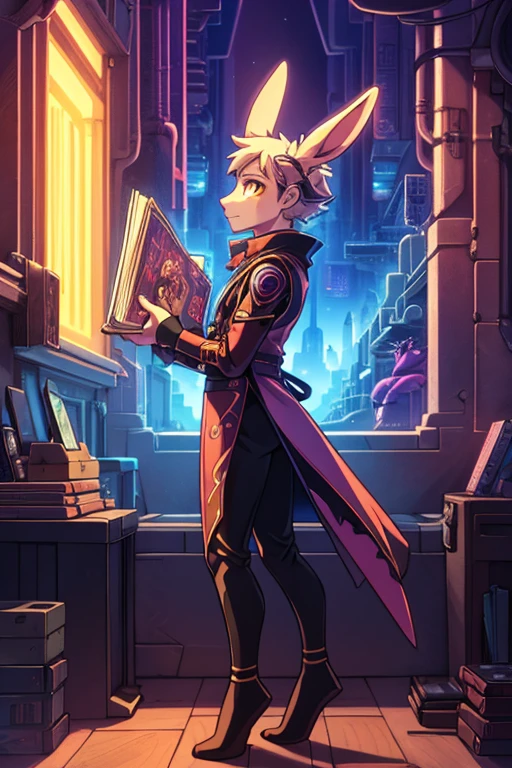 human Sorcerer secret agent, full body, wearing an elegant suit made with fine fabric and with magic circuits, holding in both hands a sword with a long handle with magical carved details glowing, whole rabbit ears, human face, glowing eyes, RPG fantasy, tanned skin, neon punk, art book, Studio ghibli, wide setting, in the middle of a magical cyber punk retro metropolis, magical light reflected in the hair and ear, aura of light, stylish pose, side view