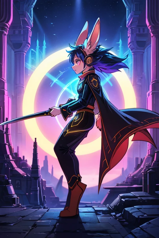 human Sorcerer secret agent, full body, wearing an elegant suit made with fine fabric and with magic circuits, holding in both hands a sword with a long handle with magical carved details glowing, whole rabbit ears, human face, glowing eyes, RPG fantasy, tanned skin, neon punk, art book, Studio ghibli, wide setting, in the middle of a magical cyber punk retro metropolis, magical light reflected in the hair and ear, aura of light, stylish pose, side view