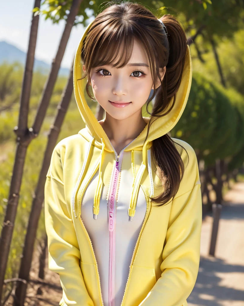 (Highest quality, 32k, High resolution, Masterpiece:1.5, ), marimo_jet, god々A photograph with brilliant dazzling and healing power., Evoking a sense of calm and elusive beauty, Expressing emotions, Have a rich imagination, A narrow rural road stretching to the horizon, Nostalgic scenery of youth, Beautiful Japanese Girls, An exceptionally beautiful face, Small Face Beauty, Perfect Human Anatomy, Magical big eyes, Motherhood and generosity, Deep Love, fleeting smile, ((Shiny brown hair:1.1)), ((A beautiful ponytail swaying in the wind)), Asymmetrical bangs, Hair between the eyes, Transparent, soft white skin, Sharp eyebrows, Thin lashes, Natural Makeup, Cheek highlighter, Pale pink detailed lips, ((Yellow Zip Hoodie:1.3)), Slim figure with ample breasts, High resolutionの美しい太もも, Beautifully detailed skies, Professional Lighting, Professional photographer, Professional models, god秘的