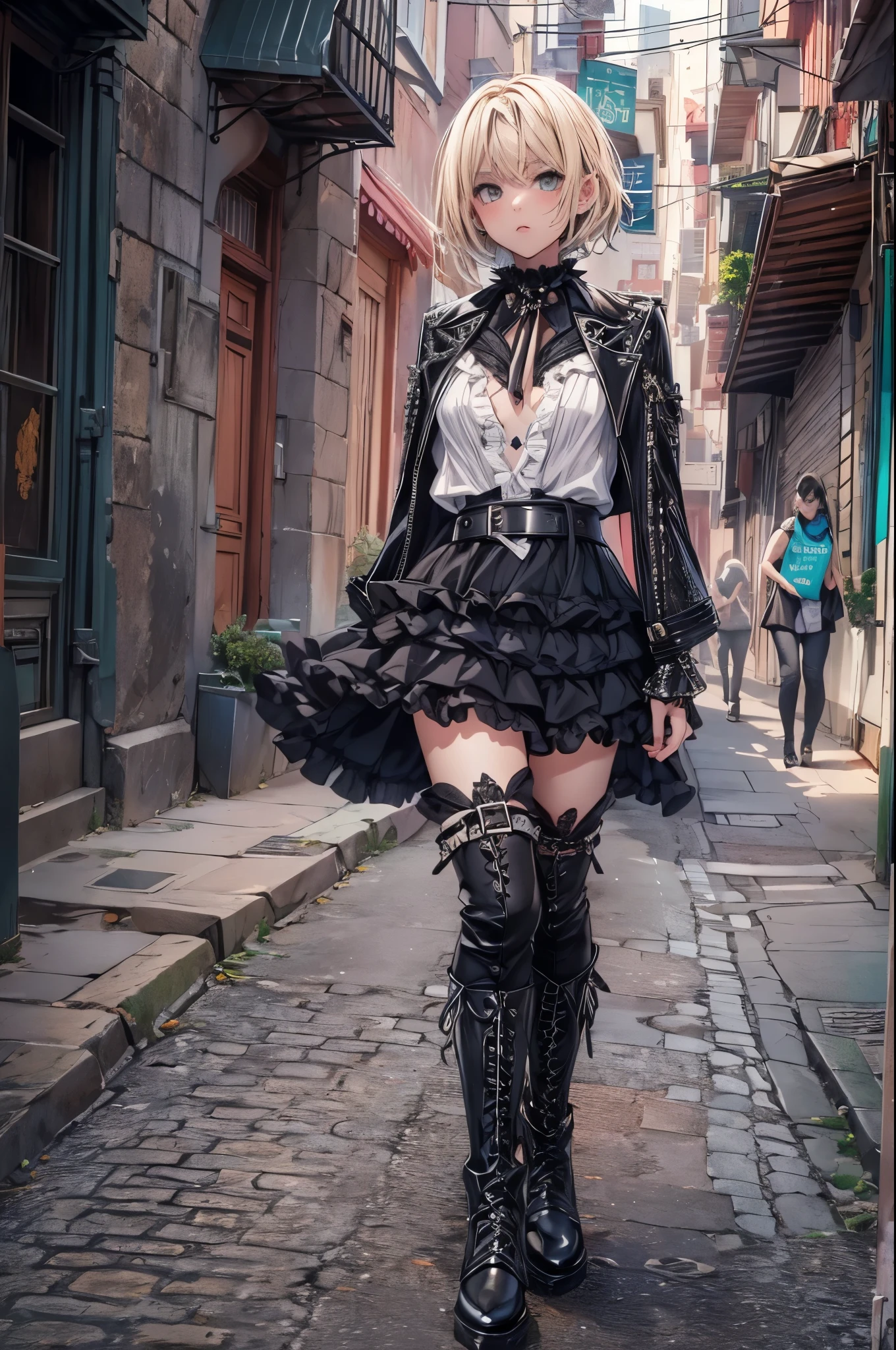 best quality,ultra-detailed,((background:outside street1,8)),(beautiful details outside the street),(cowboy shot),((one boy1,8)),((fem boy1,8)),((trap)),((bulge1,8)),black-choker,((blonde short hair)),((man’s face1,8)),((dress up as a woman)),((blush)),((flustred)),((poor chest)),((flat chest)),((flat chest)),((fake chest)),,(goth-punk-style),(beautiful details black-dresany frills with dress),(black long boots with many belts),vibrant colors,soft lighting,
