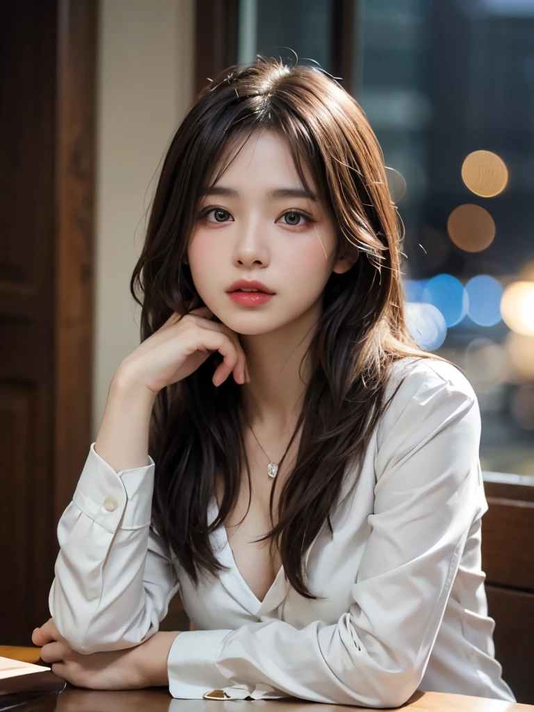 (Tabletop, Highest quality:1.2), 8k, 85mm, Official Art, RAW Photos, Absurd, Violet, Rosacea, Gardenias, beautiful girl, Pretty face, close, Upper Body, Cinch waist, Black Tailored Suit, Suit jacket, V-neck shirt, View your viewers, Cleavage, Film Grain, chromatic aberration, Sharp focus, Face Light, Bright lighting, Detailed face, (Bokeh Background:1.2)、Brown long hair、See-through bangs