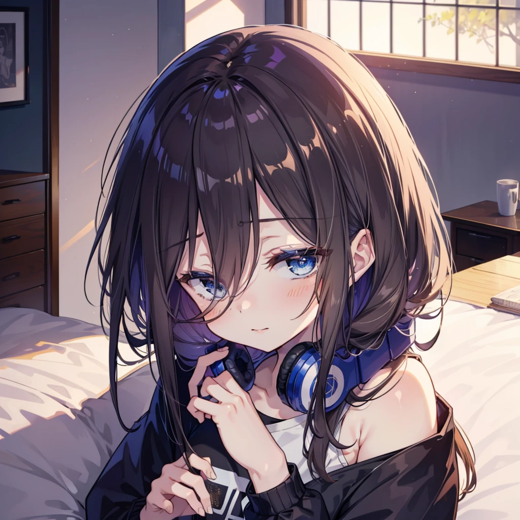 Mikunakano, miku nakano, Long Hair, bangs, blue eyes, Brown Hair, shirt, Hair between the eyes,smile,Open your mouth, Messy Hair,オーバサイズtshirt,One Shoulder,Black string underwear,barefoot,Sitting on the bed,sleepy,Squinting,morning,morning陽,The sun is rising,Building district,whole bodyがイラストに入るように,
break indoors, Bedroom,
break looking at viewer, whole body,
break (masterpiece:1.2), Highest quality, High resolution, unity 8k wallpaper, (figure:0.8), (Beautiful attention to detail:1.6), Highly detailed face, Perfect lighting, Highly detailed CG, (Perfect hands, Perfect Anatomy),