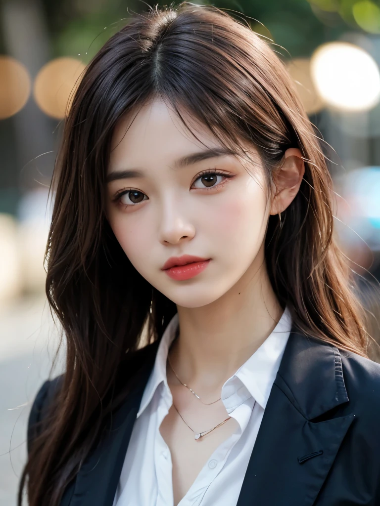 (Tabletop, Highest quality:1.2), 8k, 85mm, Official Art, RAW Photos, Absurd, Violet, Rosacea, Gardenias, beautiful girl, Pretty face, close, Upper Body, Cinch waist, Black Tailored Suit, Suit jacket, V-neck shirt, View your viewers, Cleavage, Film Grain, chromatic aberration, Sharp focus, Face Light, Bright lighting, Detailed face, (Bokeh Background:1.2)、Brown long hair、See-through bangs