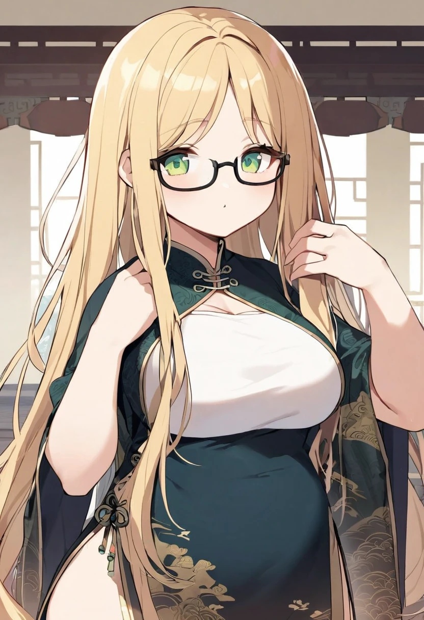 chubby girl, Blonde with green eyes, long hair without bangs, black glasses with square frames Chinese clothing style, Ancient China