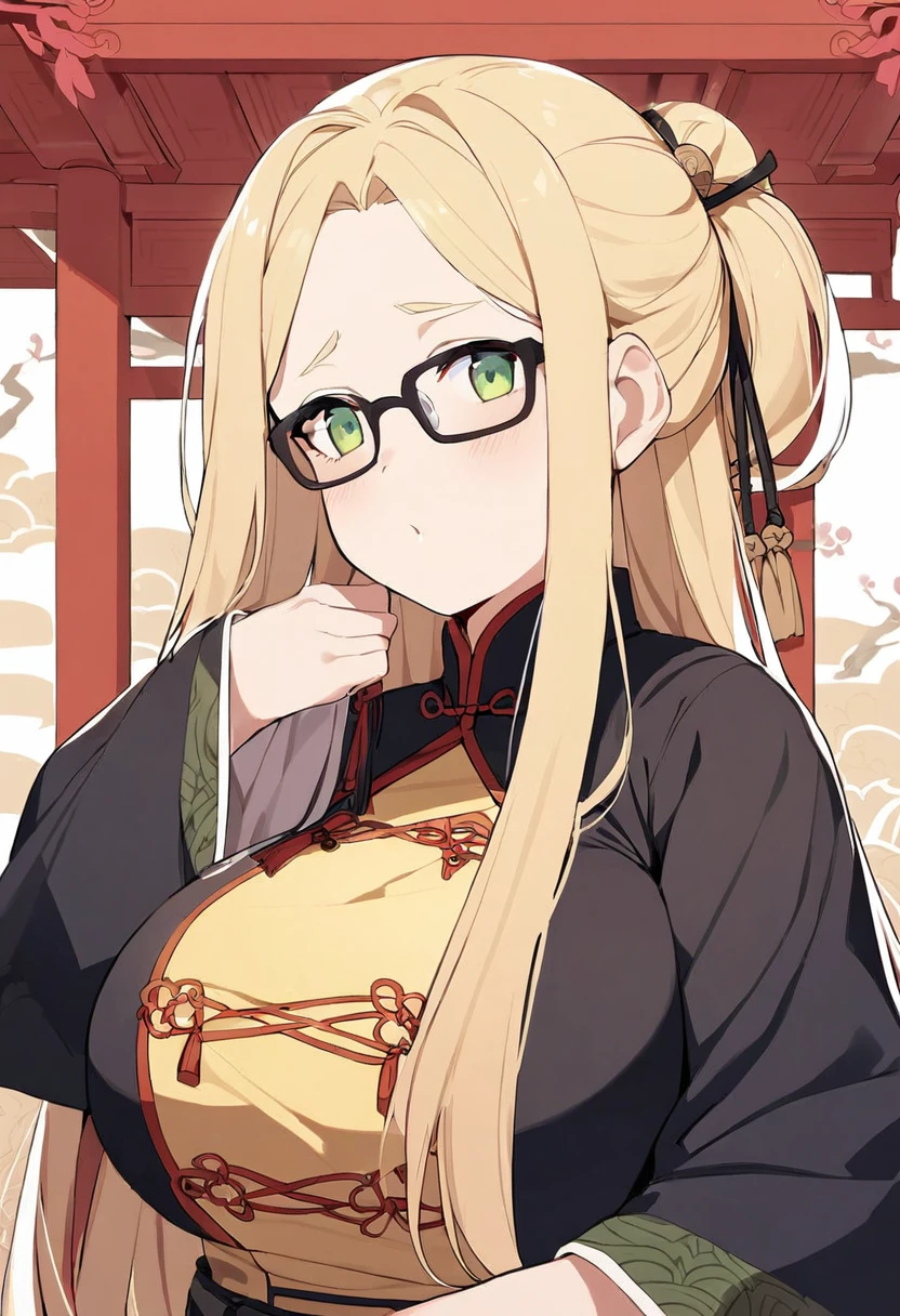 chubby girl, Blonde with green eyes, long hair without bangs, black glasses with square frames Chinese clothing style, Ancient China