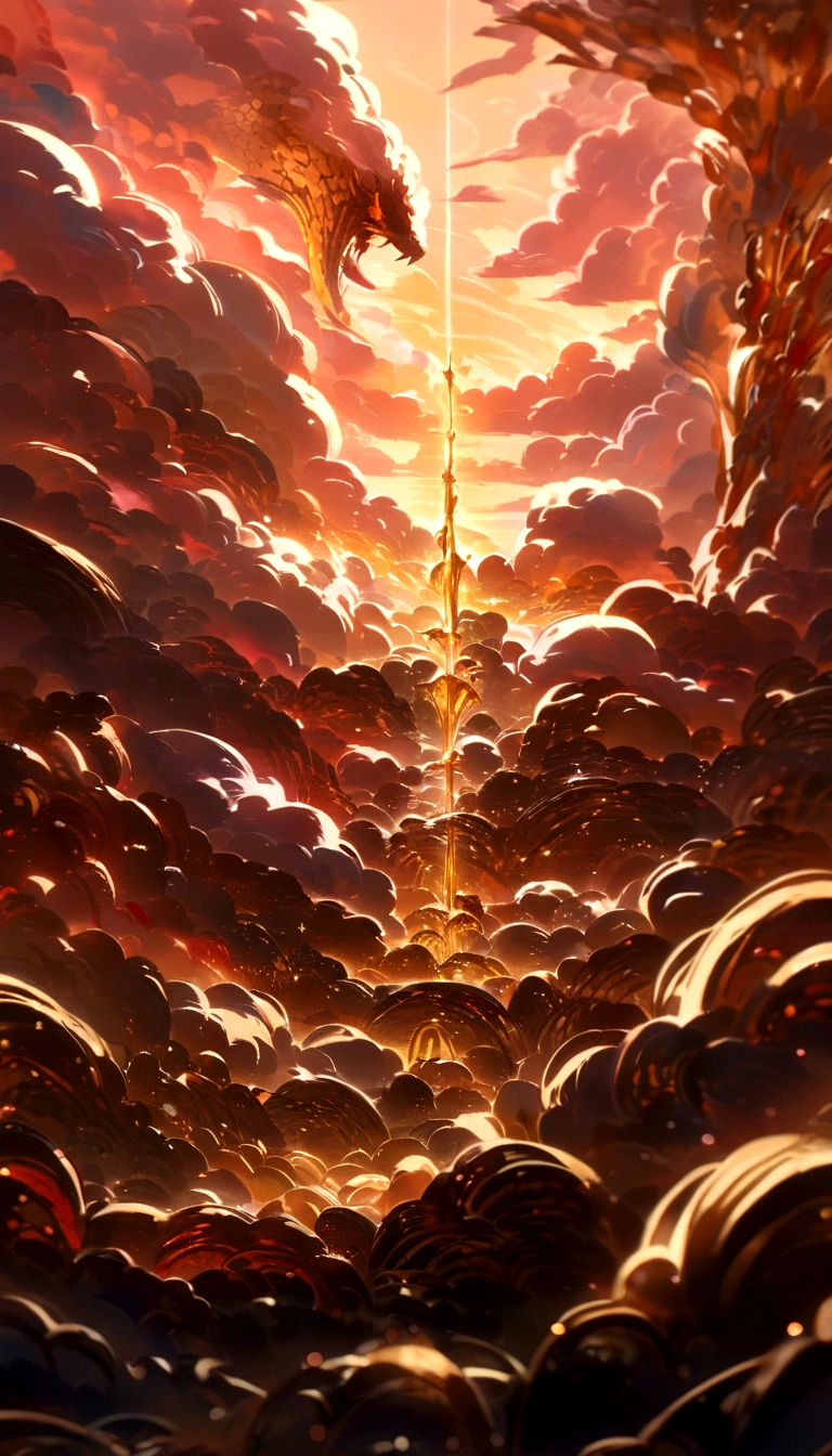 To be，Pink orange sky，Soft orange clouds，layer，Golden waves sparkling，Sparkling，Golden waves floating in a golden blue sea，masterpiece，Highest quality，Movie stills，Gentle soft lighting