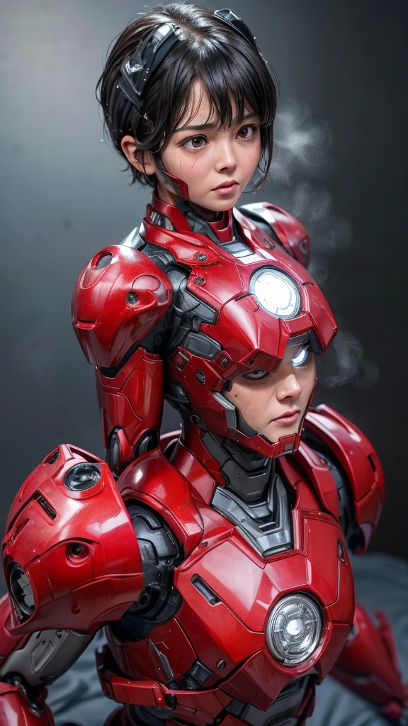Highest quality 8k Red Iron Man Suit Girl Middle-aged women Sweaty face cute short hair boyish Steam coming out of my head My hair is wet with sweat The feel of black hair Full body portrait My upper body is soaked Airtight headgear I can see the vagina Lying in bed