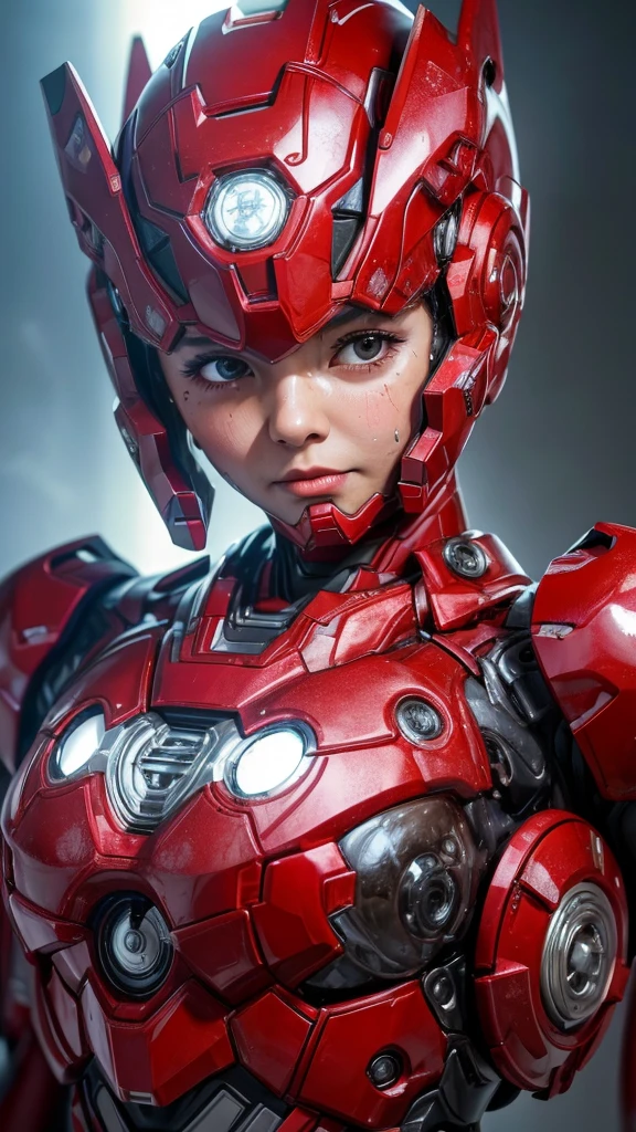 Highest quality 8k Red Iron Man Suit Girl Middle-aged women Sweaty face cute short hair boyish Steam coming out of my head My hair is wet with sweat The feel of black hair Full body portrait My upper body is soaked I can see the vagina Lying in bed