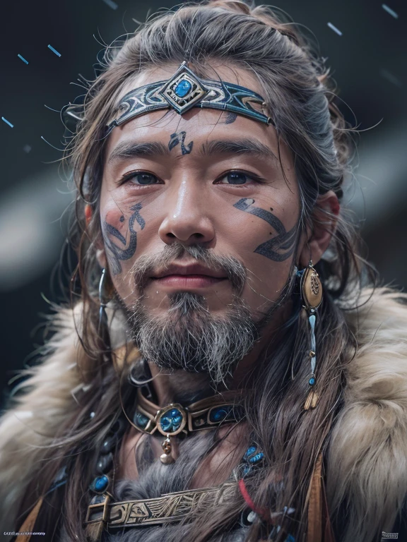 Hiding in the snowy mountains、Hair flow、 ((highest quality、masterpiece、8k、Best image quality、Ultra-high resolution、Award-winning works)、(Accurate anatomy:1.1)、(Look at me and smile:1.1)、Shining fair skin with Ultra-high resolution、The most detailed face、Ultra-high resolution detailed face、Ultra-high resolutionの髪の毛、(Ultra-high resolutionの煌めく瞳:1.1)、Beautiful face drawn in every detail、(Blurred Background:1.1)、Ancient Inuit clothing, Chest to chest, tattoo, Old ruins in the background、he'big, You have a real hawk on your shoulder..
