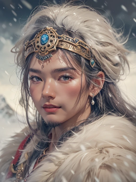 Hiding in the snowy mountains、Hair flow、 ((highest quality、masterpiece、8k、Best image quality、Ultra-high resolution、Award-winning works)、(Accurate anatomy:1.1)、(Look at me and smile:1.1)、Shining fair skin with Ultra-high resolution、The most detailed face、Ultra-high resolution detailed face、Ultra-high resolutionの髪の毛、(Ultra-high resolutionの煌めく瞳:1.1)、Beautiful face drawn in every detail、(Blurred Background:1.1)、Ancient Inuit clothing, Chest to chest, tattoo, Old ruins in the background、he'big, You have a real hawk on your shoulder..