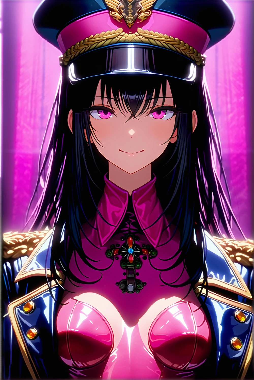 masterpiece, best quality, 1lady,seductive smile,pink eyes,hollow eyes,black long hair, (finely detailed beautiful eyes and detailed face),pink leotard,latex costume,military coat,military hat,cinematic lighting,bust shot,extremely detailed CG unity 8k wallpaper,solo,(enamel leotard:0.3),