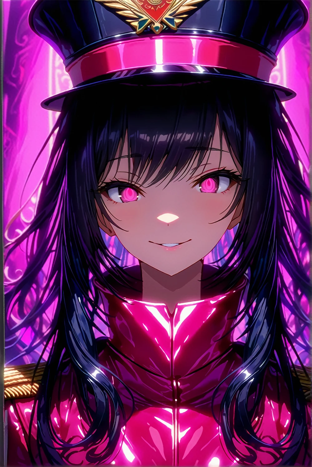 masterpiece, best quality, 1lady,seductive smile,pink eyes,hollow eyes,black long hair, (finely detailed beautiful eyes and detailed face),pink leotard,latex costume,military coat,military hat,cinematic lighting,bust shot,extremely detailed CG unity 8k wallpaper,solo,(enamel leotard:0.3),