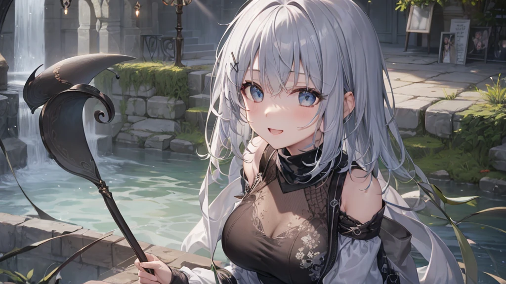 Her eyes were shining、Mysterious and enchanting atmosphere。With AI Painting、とてもShort Hair, Long bangs between the eyes, Grey Eyes , Very detailed,(masterpiece、Highest quality)、alone、Gray Hair、Fantasy, Silver Hair, Beautiful Eyes,Ecstasy, charm, attract the audience, Fantasyな風景、White shirt、smile、Open your mouth、Scarf、short hair、Short Hair、hairpin、Dark Eyes