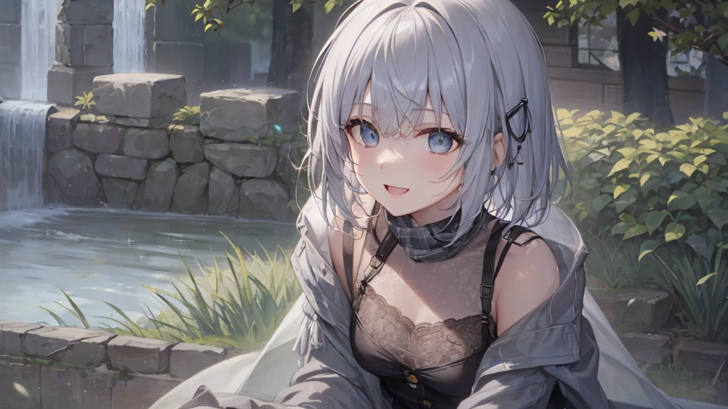 Her eyes were shining、Mysterious and enchanting atmosphere。With AI Painting、とてもShort Hair, Long bangs between the eyes, Grey Eyes , Very detailed,(masterpiece、Highest quality)、alone、Gray Hair、Fantasy, Silver Hair, Beautiful Eyes,Ecstasy, charm, attract the audience, Fantasyな風景、White shirt、smile、Open your mouth、Scarf、short hair、Short Hair、hairpin、Dark Eyes