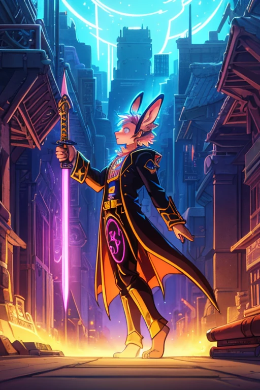 human Sorcerer secret agent, full body, wearing an elegant suit made with fine fabric and with magic circuits, holding in both hands a sword with a long handle with magical carved details glowing, whole rabbit ears, human face, glowing eyes, RPG fantasy, tanned skin, neon punk, art book, Studio ghibli, wide setting, in the middle of a magical cyber punk retro metropolis, magical light reflected in the hair and ear, aura of light, stylish pose, side view