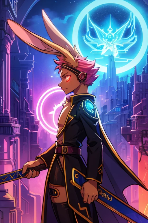 human Sorcerer secret agent, full body, wearing an elegant suit made with fine fabric and with magic circuits, holding in both hands a sword with a long handle with magical carved details glowing, whole rabbit ears, human face, glowing eyes, RPG fantasy, tanned skin, neon punk, art book, Studio ghibli, wide setting, in the middle of a magical cyber punk retro metropolis, magical light reflected in the hair and ear, aura of light, stylish pose, side view