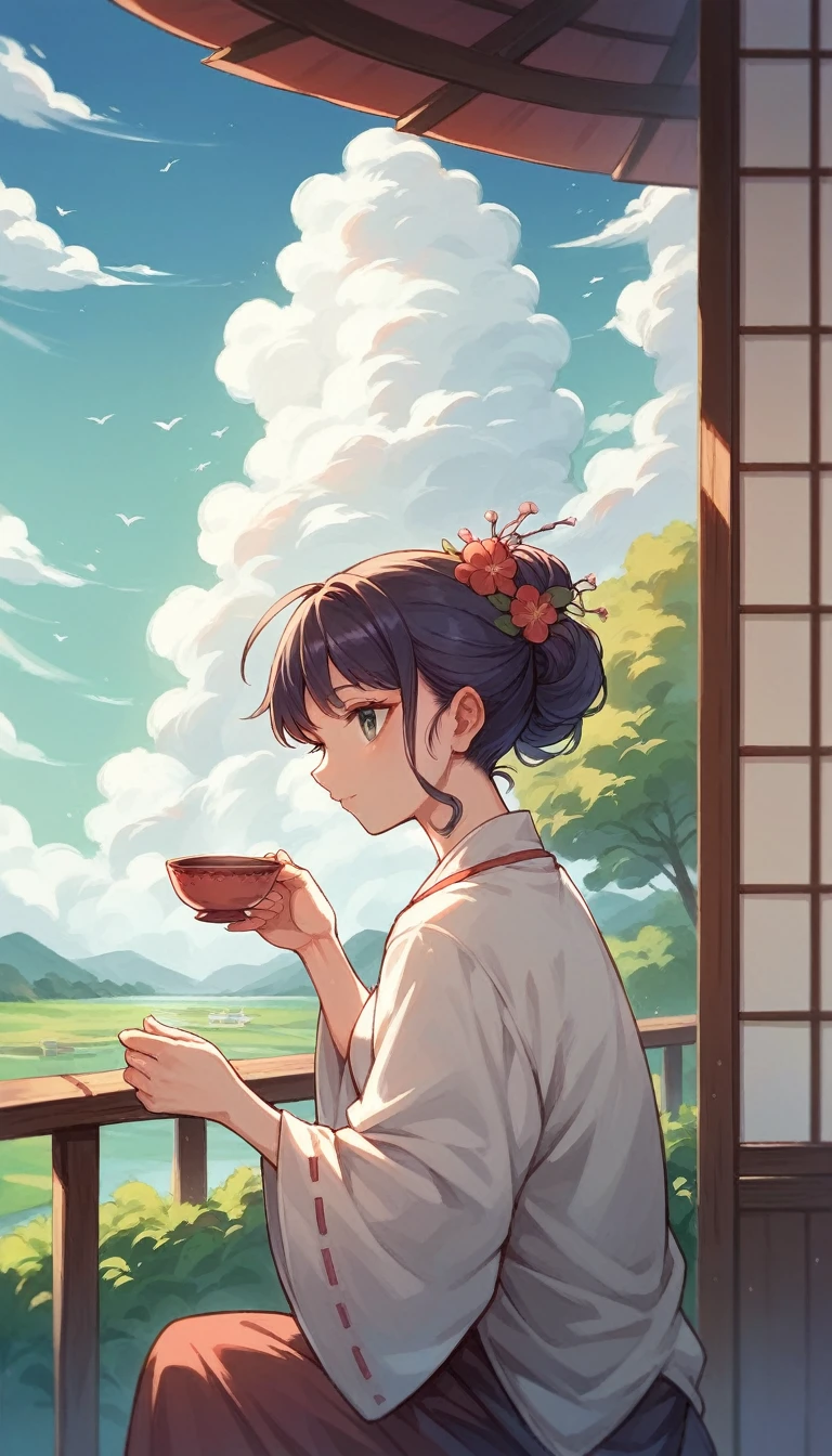 Tea plantation,beautiful,Surrounded by clouds,high quality,Japanese anime style
