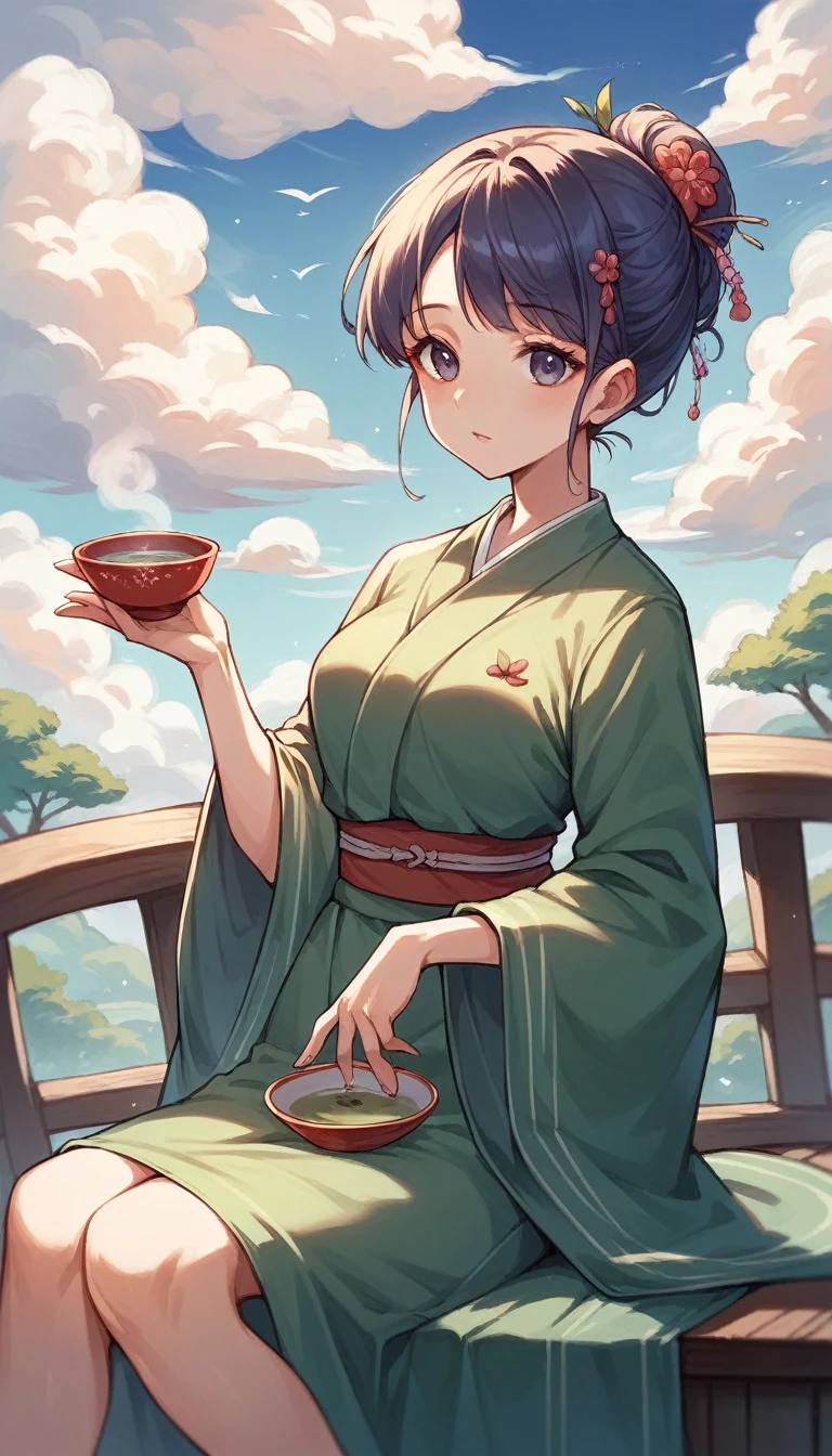 Tea plantation，beautiful，Surrounded by clouds，high quality,Japanese anime style
