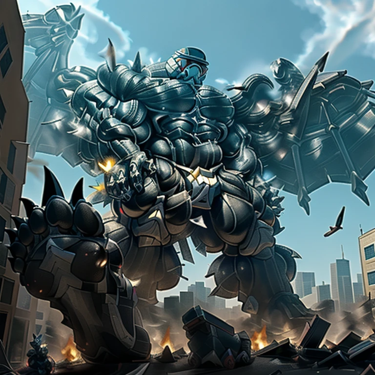 (masterpiece. official art. 8k. best quality. detailed full body. full body.)
(situation 1 : dominating LUCARIO. focus GIANT mechanical Muscular LUCARIO is trampling the CITY. macro. stomp. Low-angle perspective. emphasizing the immense size. The perspective is from below, emphasizing the sheer majesty and power of the Giant. giant art. He is much bigger than a skyscraper. Giga Giants. micro soccer field. looking down.)
(situation 2 :smoke and flames rising from the destruction in the city)
(Additional details 1: wearing a full-face helmet. helmet is jet black. The color of NANOSUIT is jet black. high-tech bio-mecha armor. real texture material. whole body shines like metal. Wearing cyberpunk mecha. emphasizes the muscles. suit fully made of metal. intricate armor. Robotic suit. suit fully made of metal. NANOSUIT with the same design as LUCARIO.).
(Additional details 2: (Detailed head. Detailed Body. Detailed abs. gigantic muscles. HYPER MUSCLES. Gigachad Muscular. big muscle. pecs. triceps. traps. unusually developed muscular body. body full of huge muscles. showing off muscles. pectorales enormes. Exaggeratedly huge muscles. huge muscles. long legs.).
(Additional details 3: nj5furry, Spread wings. It has wings. black have big wings. The claws are sharp. Sharp teeth.5 toes.).
