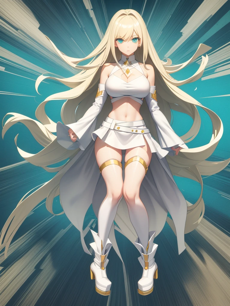 alone woman // super heroine // White clothes: short skirt, top with neckline, high boots and mini cover // long golden hair // green eyes // full body // exposed belly // big breasts (E cup) // blonde
