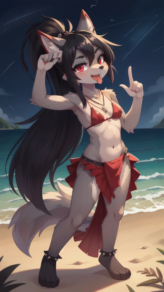 furry girl, wolf, black hair, punk hairstyle, large long spiky ponytail, absurdly long ponytail, anime style, small breasts, red eyes, eyeshadows, makeup, ((deep red bikini ruffled triangle, high cut bottom, star necklace, beach sarong with shooting stars on hips)), high quality, detailed body, detailed eyes, detailed face, masterpiece, glistening body, detailed body fur, best quality, two tone body, gray fur, clear gray fur, perfect lighting, perfect shadows, perfect eyes, perfect hair, perfect face, gorgeous body, skinny, solo, (wink, one eye close), full body, feets with three toes, 3 toes, solo, tongue, fellatio gesture, tongue out, ok sign, navel, open mouth, midriff, looking at viewer, looking up, from above, standing,