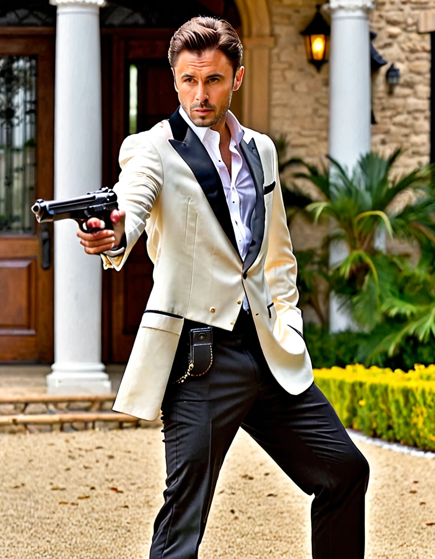 (masterpiece), (best quality), (hires), 1man, male focus, solo, solo focus, hispanic, perfect hands, (holding pistol with one hand, Beretta 92FS), hand in pocket, brown hair, hazel eyes, tuxedo, black tuxedo, danger atmosphere, mansion backdrop, combed-back hair, white shirt, black pants, dress shoes, matching shoes. outdoors, looking away.