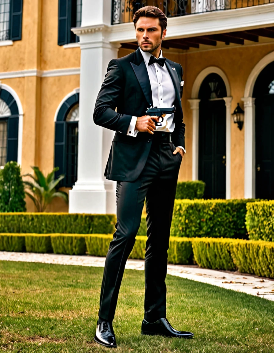 (masterpiece), (best quality), (hires), 1man, male focus, solo, solo focus, hispanic, perfect hands, (holding pistol with one hand, Beretta 92FS), hand in pocket, brown hair, hazel eyes, tuxedo, black tuxedo, danger atmosphere, mansion backdrop, combed-back hair, white shirt, black pants, dress shoes, matching shoes. outdoors, looking away.