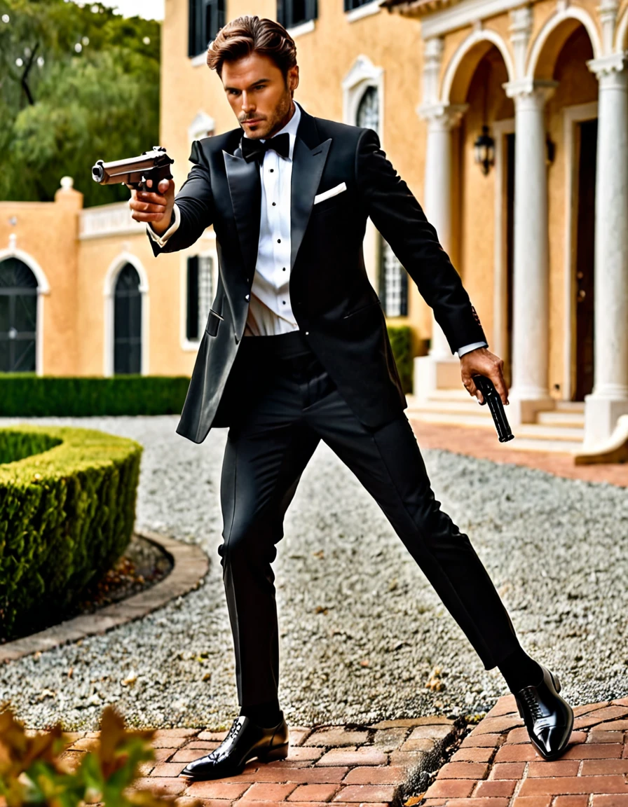 masterpiece, best quality, 1man, male focus, solo, solo focus, hispanic, perfect hands, (holding pistol with one hand, beretta 92fs), hand in pocket, brown hair, hazel eyes, tuxedo, black tuxedo, danger atmosphere, mansion backdrop, combed back hair, white shirt, black pants, dress shoes, matching shoes. outdoors, looking away.