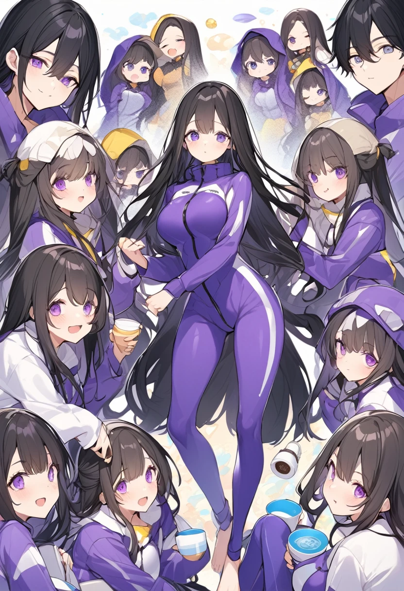 Wearing a purple diving suit、barefoot。hair is black、Purple eyes。Breasts are K cup。The skin is white and、Long hair。Has one brother and one sister。My sister has an E cup。All of them have black hair。6 siblings。It's like diving into the ocean and looking at the coral reefs and fish.。Like we're lined up on the beach with the beach housey brother is wearing a black diving suit.。