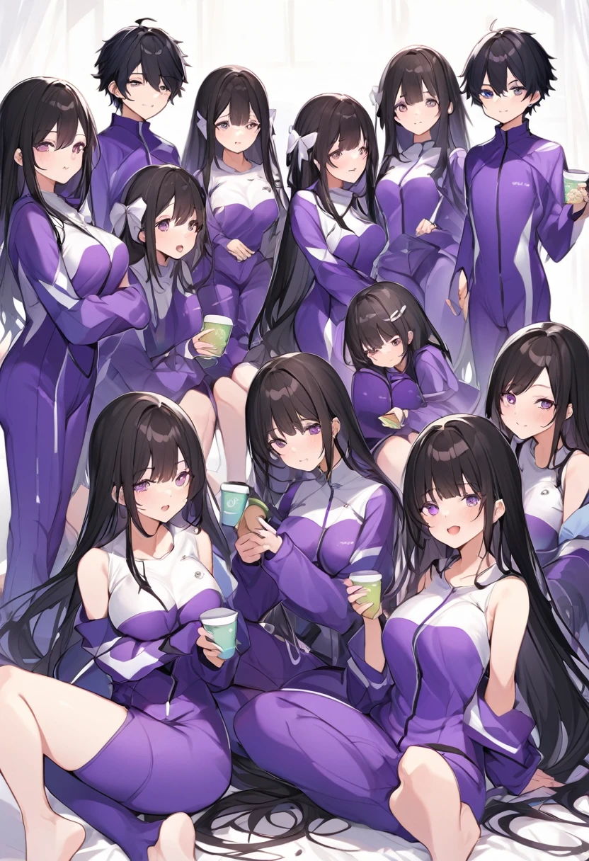 Wearing a purple diving suit、barefoot。hair is black、Purple eyes。Breasts are K cup。The skin is white and、Long hair。Has one brother and one sister。My sister has an E cup。All of them have black hair。6 siblings。It's like diving into the ocean and looking at the coral reefs and fish.。Like we're lined up on the beach with the beach houses。My brother is wearing a black diving suit.。