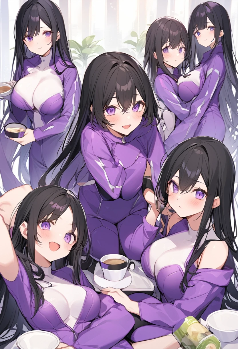 Wearing a purple diving suit、barefoot。hair is black、Purple eyes。Breasts are K cup。The skin is white and、Long hair。Has one brother and one sister。My sister has an E cup。All of them have black hair。6 siblings。It's like diving into the ocean and looking at the coral reefs and fish.。Like we're lined up on the beach with the beach houses。My brother is wearing a black diving suit.。