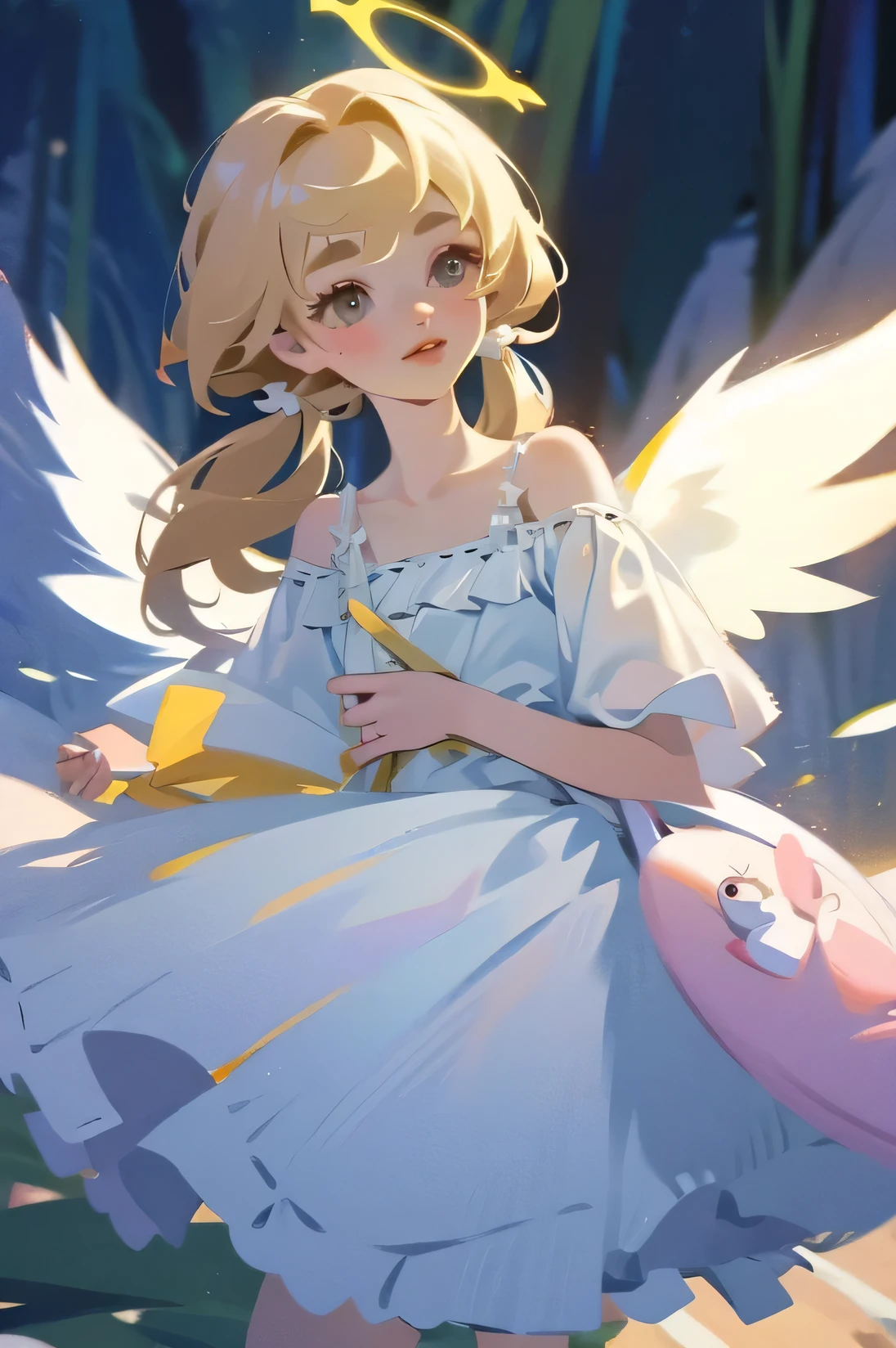 (High quality) (best quality) (A woman) (correct physiognomy) (best quality, 4k, 8K, high resolution, masterpiece: 1.2) woman, Extremely beautiful, Around 20 years old, long blonde hair with bangs on the back front, four small angel wings emerge from her head, two on the left side and two on the right side, two angel wings coming out of her back, a golden halo behind her head, golden eyes, sensitive lips, middle age, white dress with straps on the shoulders, skirt cut diagonally leaving one leg exposed, soft facial features, fine eyebrows, soft skin, slightly rosy cheeks, pink lips, silky eyelashes, dreamy expression, photo location the woman must be in the middle of the forest, photo illuminated by sunlight, full body proportion, showing in the photo the body from head to torso