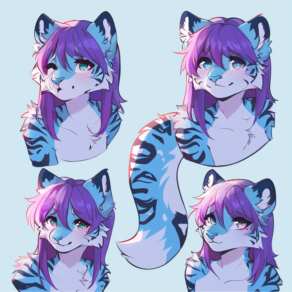 feline, mammal, anthro, anthromorphic, snow, leopard, striped_feline, fur, furred_anthro, femboy, bangs, ear_tufts, blue_nose, paws, hair_tuft, hair_between_eyes, long_tail, fluffy, feline_ears, expressive_eyes, purple_hair, light looking_at_viewer, blue_fur, shy, small_pupils, spotted_pattern, stripes, tiger_stripes, digital_art, high_resolution, high_res, tealblue_background, profile_picture
