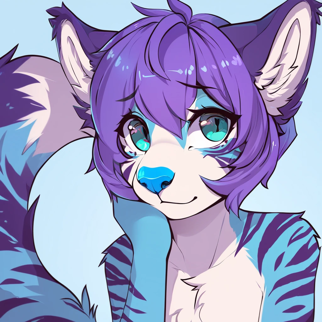 feline, mammal, anthro, anthromorphic, snow, leopard, striped_feline, fur, furred_anthro, femboy, bangs, ear_tufts, blue_nose, paws, hair_tuft, hair_between_eyes, long_tail, fluffy, feline_ears, expressive_eyes, purple_hair, light looking_at_viewer, blue_fur, shy, small_pupils, spotted_pattern, stripes, tiger_stripes, digital_art, high_resolution, high_res, tealblue_background, profile_picture