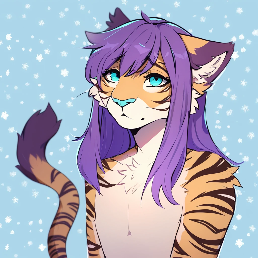 feline, mammal, anthro, anthromorphic, snow, leopard, striped_feline, fur, furred_anthro, femboy, bangs, ear_tufts, blue_nose, paws, hair_tuft, hair_between_eyes, long_tail, fluffy, feline_ears, expressive_eyes, purple_hair, light looking_at_viewer, blue_fur, shy, small_pupils, spotted_pattern, stripes, tiger_stripes, digital_art, high_resolution, high_res, tealblue_background, profile_picture