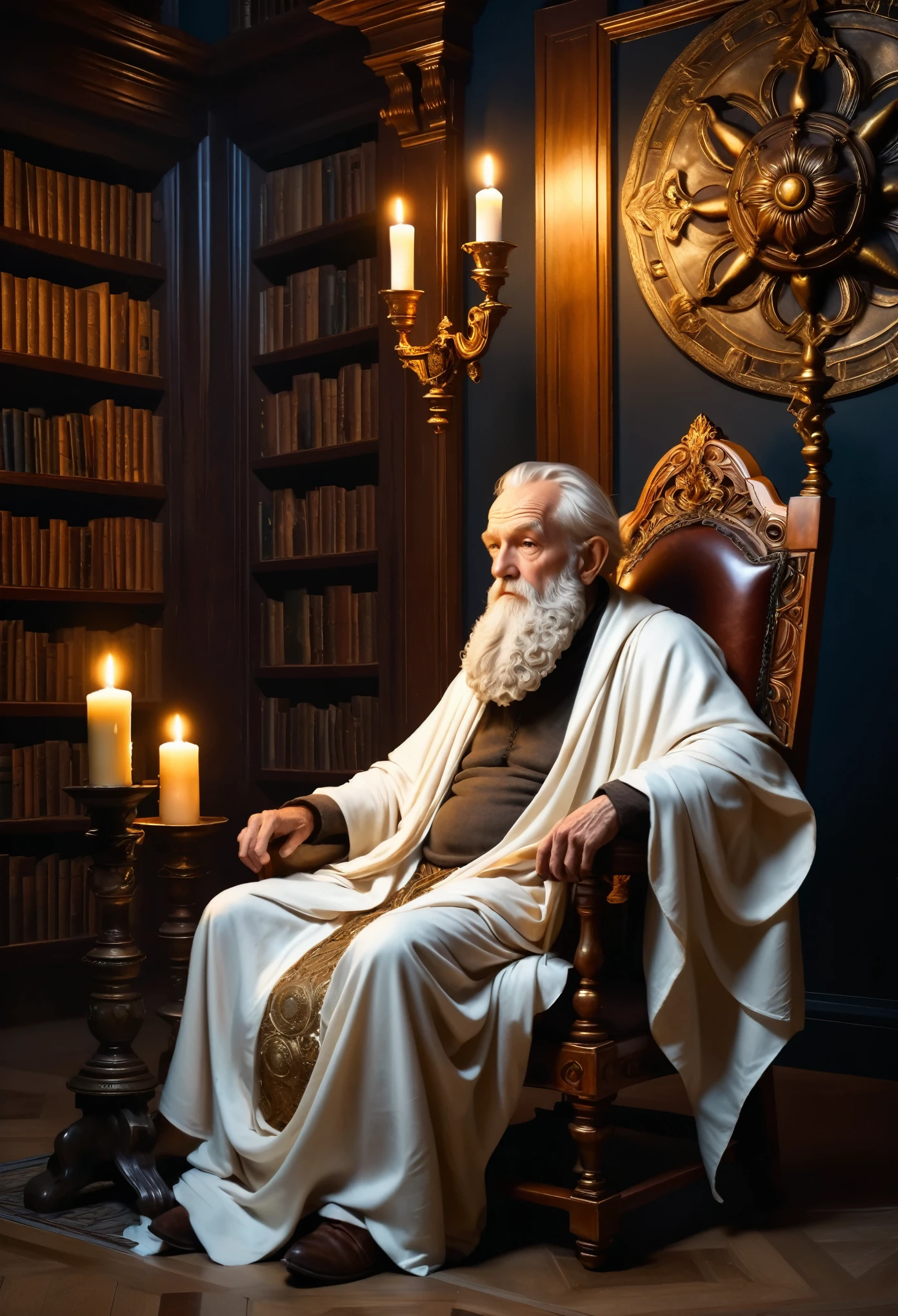 An old man sits in an old chair in the library, Wrapped in sheets, hermit, Marble statue of, dark octane rendering, candle light lighting, Baroque, European, Mandala, side view from bottom, Anatomically correct, Very detailed