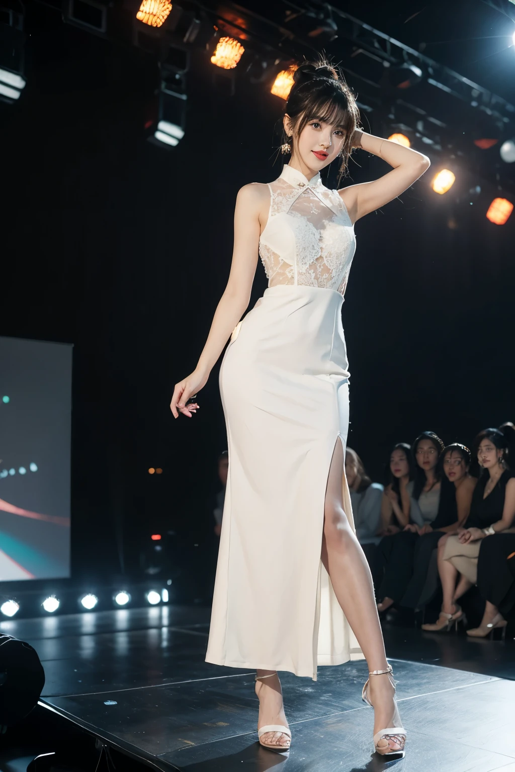 8K, Top Quality, Intricate Details, Ultra Detail, Ultra High Resolution, Masterpiece, random angle, random pose, Slender, Smile, (Makeup: 0.4), looking at viewer, ((full body)), 19 years old girl, (( full body)), close up shot, , ((tall)), (((fit body))), (((slim face))), sharp face, sharp eyes, (((black hair, )) , (detailed face), small lips, araffed asian woman in a sheered dress walking down a runway, sexy gown, opened dress, revealing stylish dress, captivating and enticing, gorgeous chinese model, translucent silky dress, translucent body, revealing outfit, young sensual graceful, elegant seducing pose, smooth tight clothes suit, see through dress, a goddess,