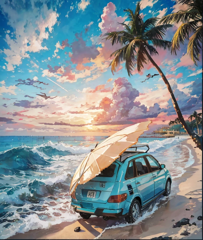 Anime Style,Ocean,Oceanのビーチ,Coconut Tree,Seagull,Baiyun,A small island in the distance, Illustrator