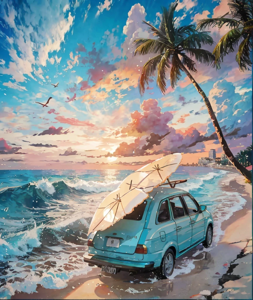 Anime Style,Ocean,Oceanのビーチ,Coconut Tree,Seagull,Baiyun,A small island in the distance, Illustrator