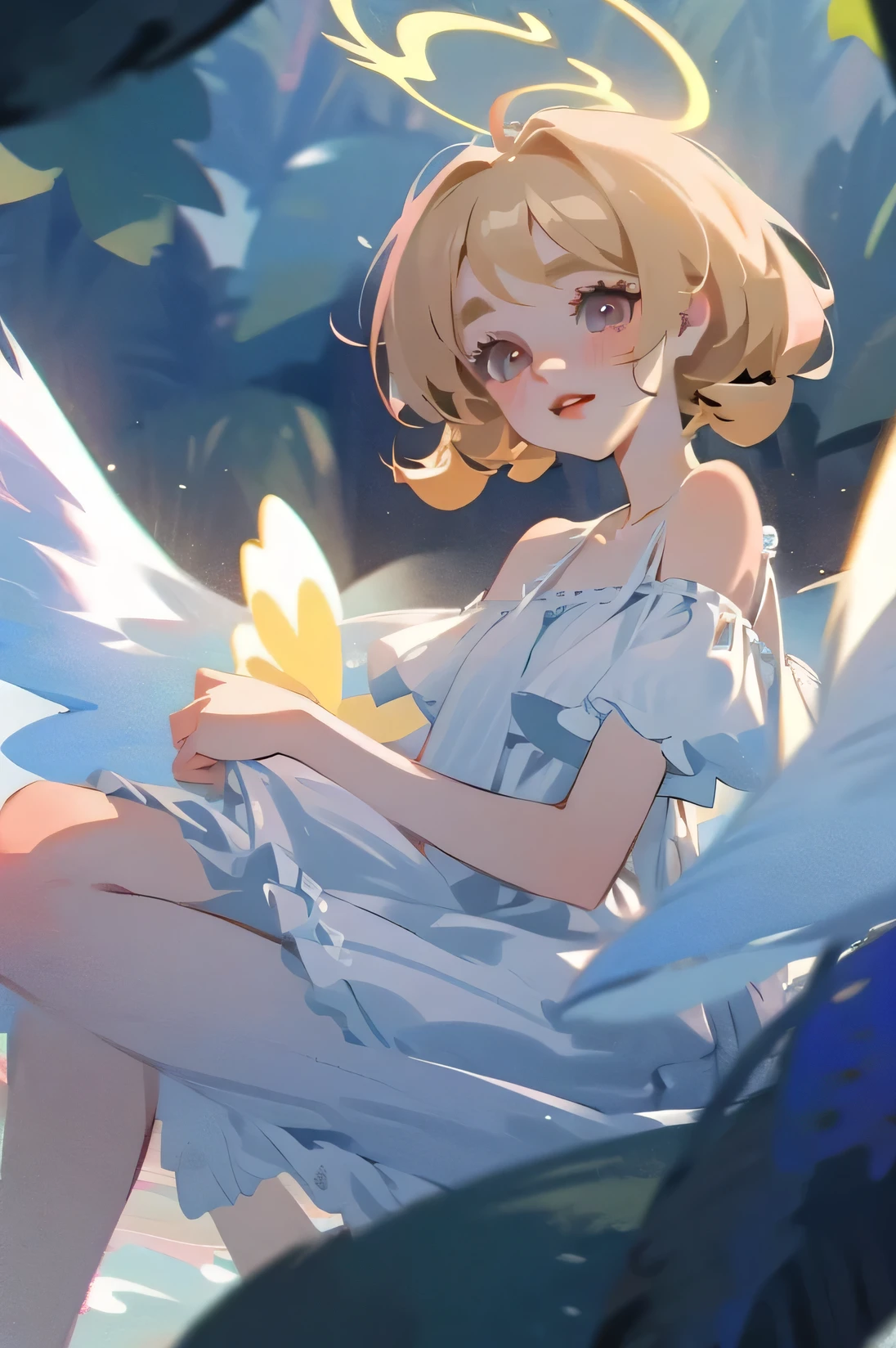 (High quality) (best quality) (A woman) (correct physiognomy) (best quality, 4k, 8K, high resolution, masterpiece: 1.2) woman, Extremely beautiful, Around 20 years old, long blonde hair with bangs on the back front, four small angel wings emerge from her head, two on the left side and two on the right side, two angel wings coming out of her back, a golden halo behind her head, golden eyes, sensitive lips, middle age, white dress with straps on the shoulders, skirt cut diagonally leaving one leg exposed, soft facial features, fine eyebrows, soft skin, slightly rosy cheeks, pink lips, silky eyelashes, dreamy expression, photo location the woman must be in the middle of the forest, photo illuminated by sunlight, full body proportion, showing in the photo the body from head to torso