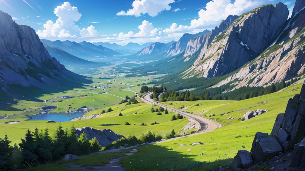 Anime landscape of a mountain landscape with a road going through it landscape, 8K image quality, Masterpiece