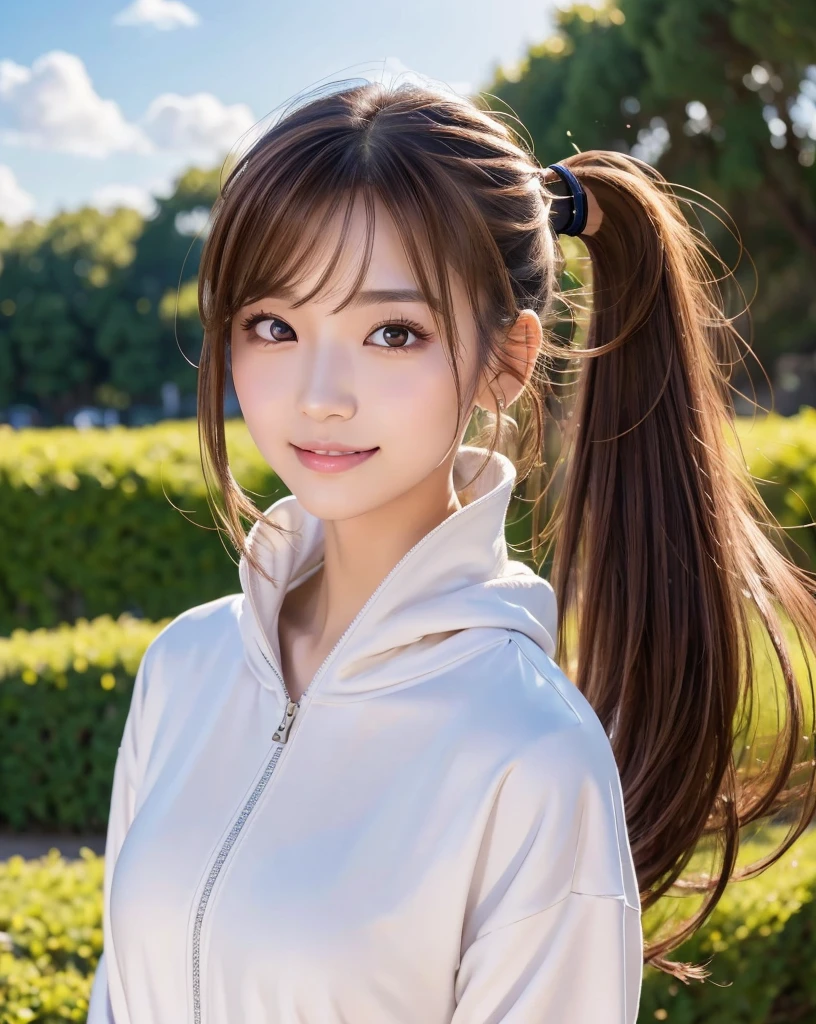 (Highest quality, 32k, High resolution, Masterpiece:1.5, ), marimo_jet, god々A photograph with brilliant dazzling and healing power., Evoking a sense of calm and elusive beauty, Expressing emotions, Have a rich imagination, A narrow rural road stretching to the horizon, Nostalgic scenery of youth, Beautiful Japanese Girls, An exceptionally beautiful face, Small Face Beauty, Perfect Human Anatomy, Magical big eyes, Motherhood and generosity, Deep Love, fleeting smile, ((Shiny brown hair:1.1)), ((A beautiful ponytail swaying in the wind)), Asymmetrical bangs, Hair between the eyes, Transparent, soft white skin, Sharp eyebrows, Thin lashes, Natural Makeup, Cheek highlighter, Pale pink detailed lips, (White zip hoodie), Slim figure with ample breasts, High resolutionの美しい太もも, Beautifully detailed skies, Professional Lighting, Professional photographer, Professional models, god秘的