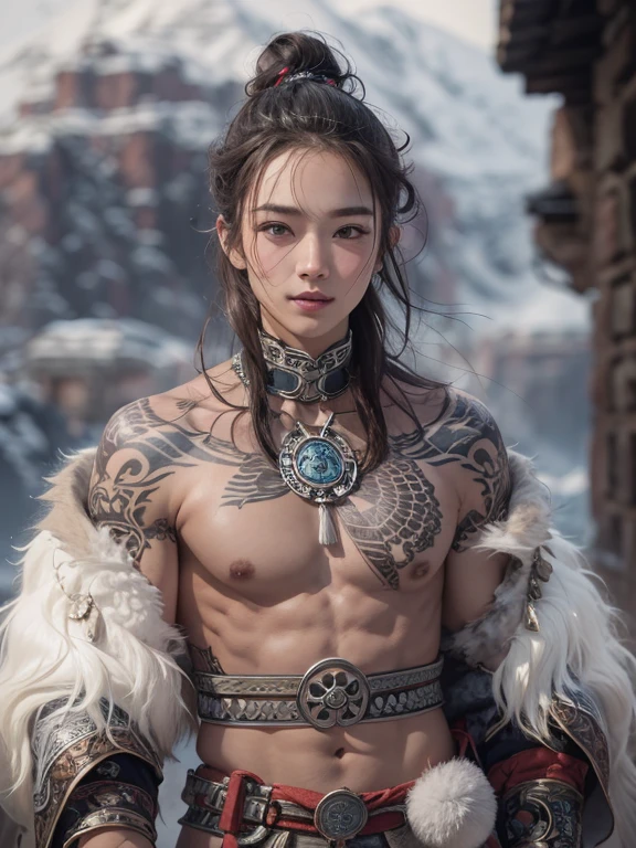Hiding in the snowy mountains、Hair flow、 ((Highest quality、masterpiece、8k、Best image quality、Ultra-high resolution、Award-winning works)、(Accurate anatomy:1.1)、(Look at me and smile:1.1)、Shining fair skin with Ultra-high resolution、The most detailed face、Ultra-high resolution detailed face、Ultra-high resolutionの髪の毛、(Ultra-high resolutionの煌めく瞳:1.1)、Beautiful face drawn in every detail、(Blurred Background:1.1)、Ancient Inuit clothing, Chest to chest, tattoo, Old ruins in the background、He's huge, A real hawk on your shoulder..