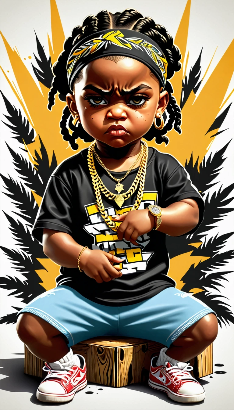 Logo of A serious sinister black  angry cynical, full cheeks, very and gangsta Seated, arms crossed, thick braids and Loose clothes, baseball jersey, Golden chain, black sunglasses, wearing black bandana in your face, ultra realistic, intricate details, real colors, 128k, uhd, comic, black bandana background, gta san andreas style, chicano street art vectorized