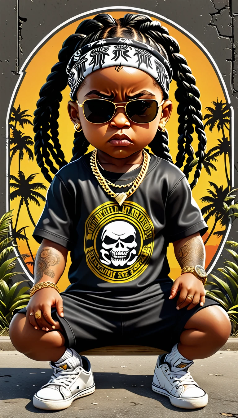 Logo of A serious sinister black baby angry cynical, full cheeks, very and gangsta Seated, arms crossed, thick braids and Loose clothes, baseball jersey, Golden chain, black sunglasses, wearing black bandana in your face, ultra realistic, intricate details, real colors, 128k, uhd, comic, black bandana background, gta san andreas style, chicano street art vectorized