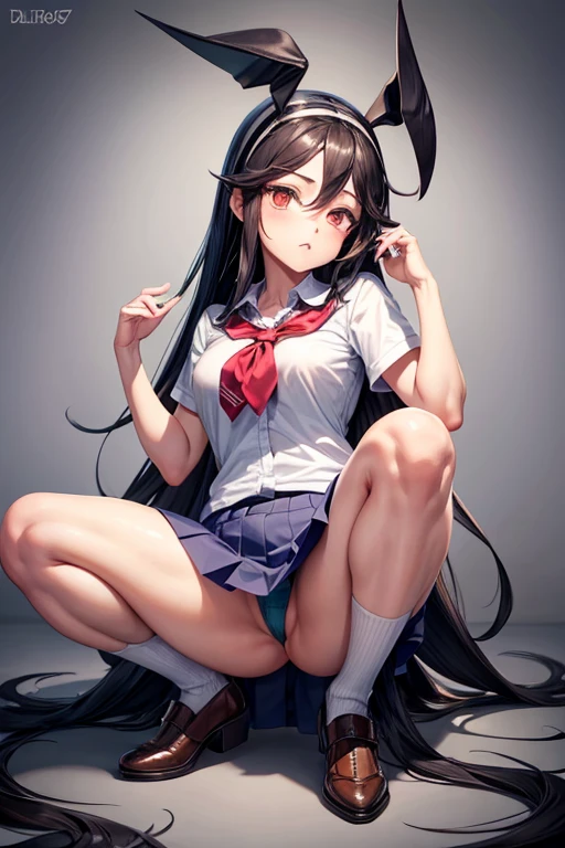 Create an illustration of Filia, a protagonista do jogo Skullgirls. Ela possui cabelos longos e escuros, com um parasita chamado Samson integrado, dando-lhe garras e dentes afiados. Filia wears a classic school uniform: saia curta, blusa com gravata, meias e sapatos escolares, muito sexualizada, nua, com os seios do lado de fora e sem calcinha