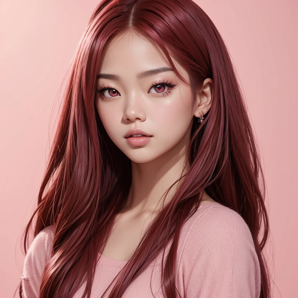 make a banner of a woman with: glowing skin, lips, sacimaer detailed skin, Beautiful face and detailed pink eyes, Spotlight, professional lighting, 1 girl, Alone, long hair, wearing a cute outfit, natural pose, lips, indoor, realistic, I want the whole image be created, face and body of blackpink's Jennie kim with red hair and in four places with different poses doing random things on a background of some rosy place It can be a completely pink background like a wall a clean background without shadows or objects
