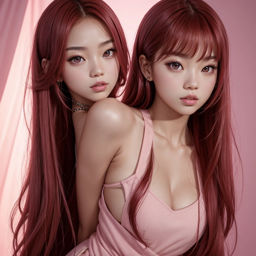 make a banner of a woman with: glowing skin, lips, sacimaer detailed skin, Beautiful face and detailed pink eyes, Spotlight, professional lighting, 1 girl, Alone, long hair, wearing a cute outfit, natural pose, lips, indoor, realistic, I want the whole image be created, face and body of blackpink's Jennie kim with red hair and in four places with different poses doing random things  on a background of some rosy place It can be a completely pink background like a wall a clean background without shadows or objects 