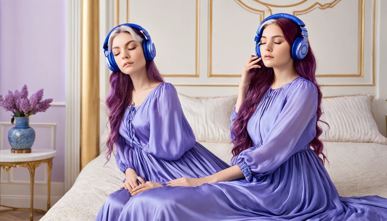 8k, digital image, hdr, sitting in the bedroom, lilac bedroom, windows, a beautiful woman, 25 years old, sitting on the bed sideways, beautiful, eyes closed, long purple hair, with bleutoth headphones, blue silk dress, headphones by ear, ivory column with gold